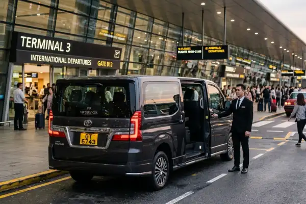 A uniformed chauffeur opens the sliding door of a black Toyota HiAce people mover van outside Terminal 3 International Departures at a busy airport